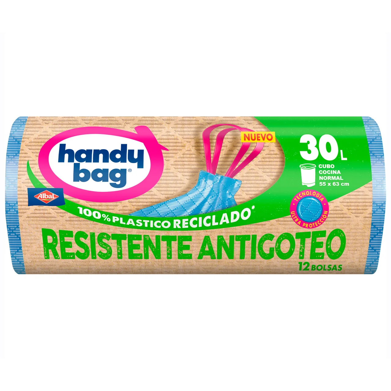Albal Handy Bag Bolsas de Basura Resistente Antigoteo, 100% Reciclado, 30L, 72 Bolsas, 6 Paquetes x 12 und - Imagen 2