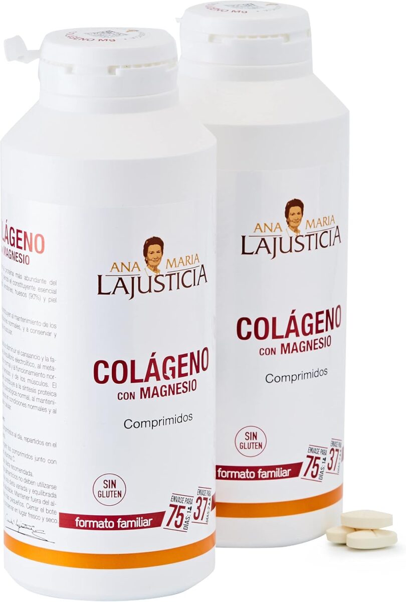 Ana Maria la Justicia Pack de dos Colágeno con magnesio, 900 comprimidos articulaciones fuertes y piel tersa. Regenerador de tejidos con colágeno hidrolizado tipos 1 y 2. (75 dias una persona)